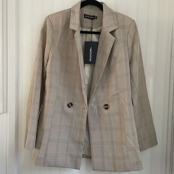 PRETTYLITTLETHING women’s loose fit stone checked woven blazer NWT size 4 - Picture 8 of 16